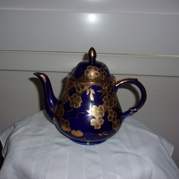 Vintage MidCentury Arthur Wood Chatsworth England Cobalt Blue Teapot With Gold Floral Trim