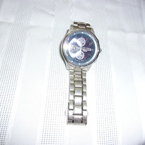 Vintage Mens Seiko Stainless Steel With Blue Face Chronograph Watch