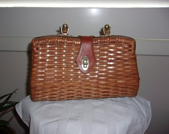 Vintage Simon Wicker Purse Handbag Handcrafted Woven Purse With Leather Handle Made In Hong Kong