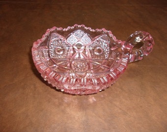 Vintage Pink Cut Glass Relish/Candy/Mint Dish With Handle