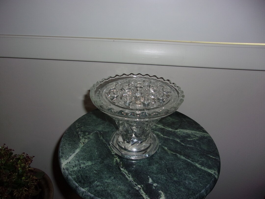 Vintage Heavy Cut Glass Flower Frog Vase Etsy