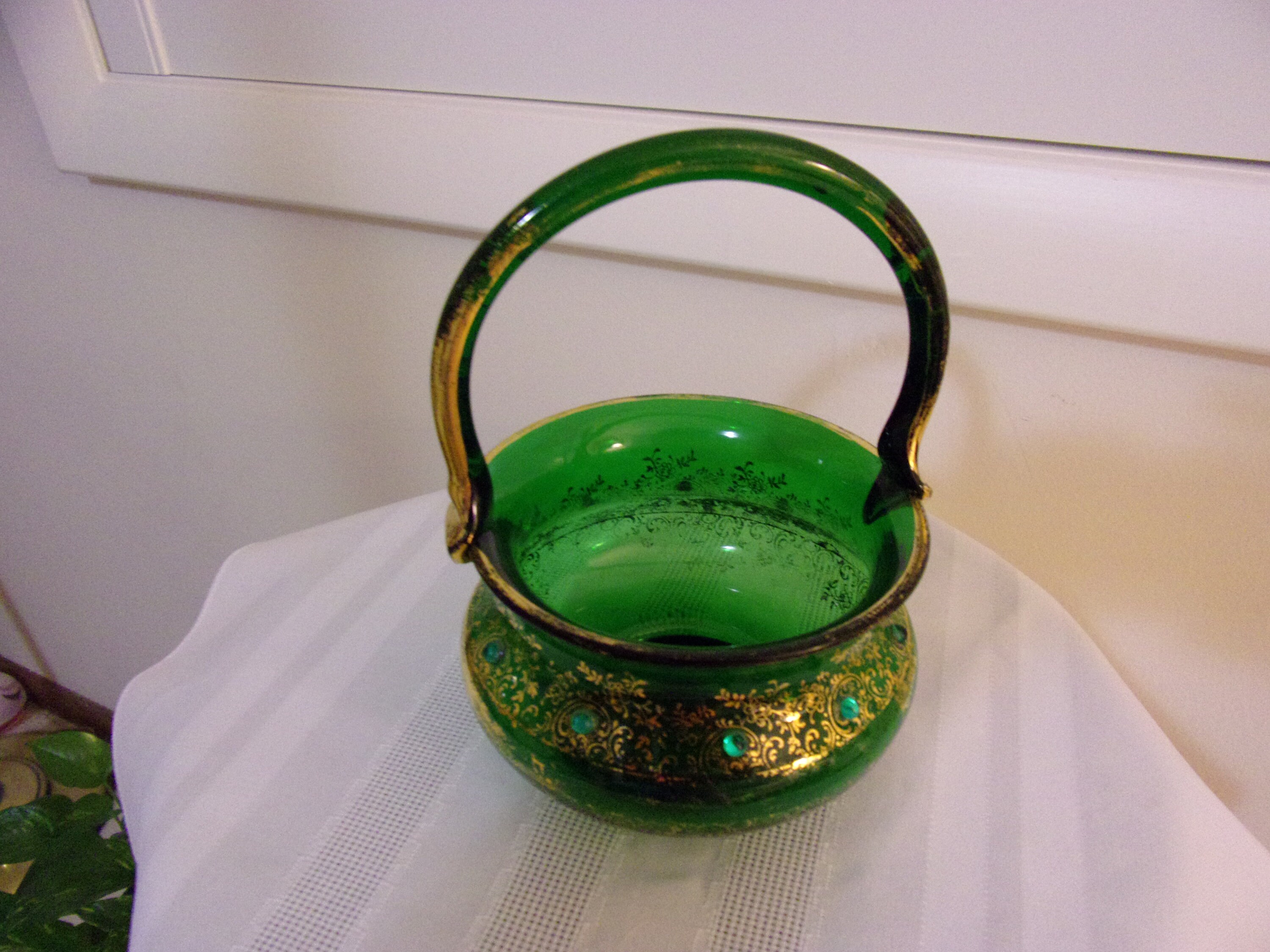 Unique Vintage Gold Trim & Design Green Glass Basket With Bead Etsy UK