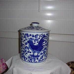 Vintage Handcrafted Heavy Large Blue And White Rooster Canister
