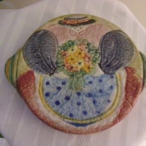 Vintage Handcrafted Ceramic Woman With A Hat And Flowers Home Decor Trivet/Wall Plaque Made In Italy