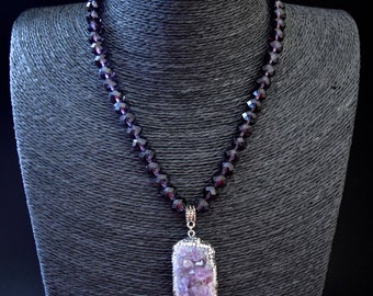 Amethyst Necklace, Raw Amethyst Pendant with Purple Glass Crystal Bead Cord,Statement Necklace, Crystal Necklace,Raw Stone Necklace