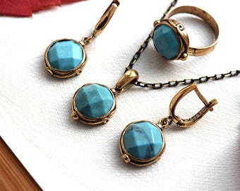 Conjunto de joyería turquesa, colgante de conjunto turquesa&rdquor;, conjunto de joyas de bronce, collar turquesa, regalo para mujeres, conjunto de joyas de cristal