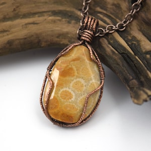 Fossil Coral Pendant, Copper Jewelry, Wire Wrapped Pendant,Coral Pendant, Copper Necklace,Boho Necklace,Rustic Jewelry,Birthstone Necklace