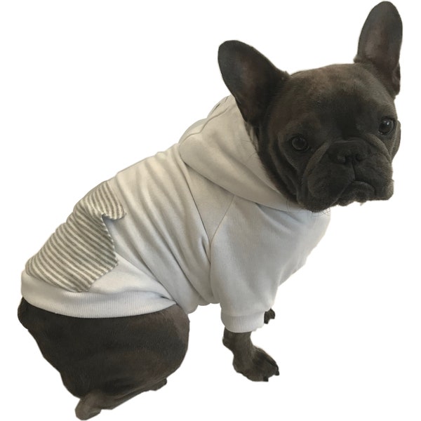 Marlow Hunde Hoodie, 100% Bio Baumwolle, Hunde Hoodie, weißer Hoodie, Streifen, Hundekleidung, Französische Bulldogge, Hundepullover, Fleece