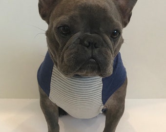 Indigo Lovabull Dog T, shirt- organic cotton, blue, grey and white stripes, jersey, dog clothes, French bulldog