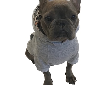 Brooklyn Dog Hoodie, 100% organic cotton, grey hoodie, leopard print, dog clothes, French bulldog, dog sweater, fleece