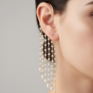 Long chain pearl Tassel ear cuff, non pierced Dangling statement ear wrap earrings