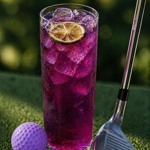 May include: A tall glass of purple cocktail with ice and a lime slice, next to a purple golf ball and a golf club on a green surface. The drink has a shimmering effect, suggesting a mixed beverage.