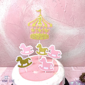 Glitter Carousel Merry Go Round birthday cake topper - cupcake toppers - Baby’s First birthday - number one -set of 6pcs