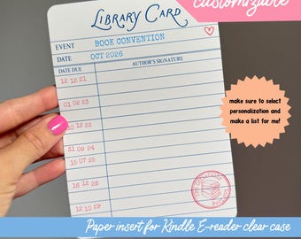 Library Card customized Cardstock kindle case insert- for clear e-reader case, case not included