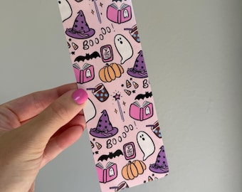 Bookish Pink Spooky Season Laminated Bookmark printed on photo quality cardstock