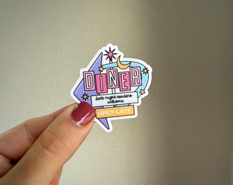 Late Night Readers Diner water resistant sticker, for water bottles, kindles, laptops