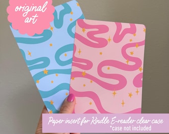 Swirly Pink or Blue Original Art Cardstock insert for clear e-reader case fits kindles and kobo case not included