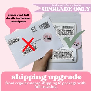 May include: Image of a shipping upgrade service. The image shows a white envelope with a red X, and a package with a green checkmark. Text includes "shipping upgrade" and "from regular stamp shipping to package with full tracking."