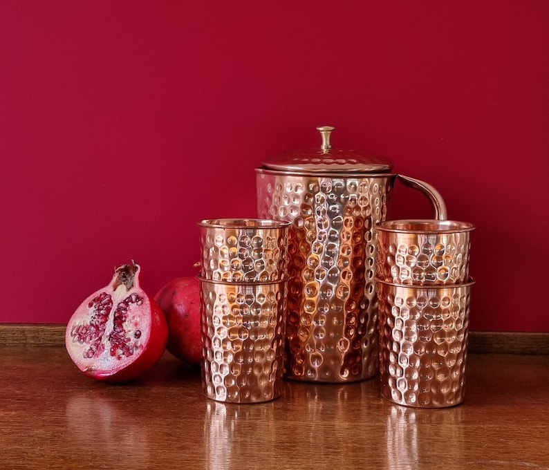 Quality copper jug with four copper glasses. Made of pure copper. image 5