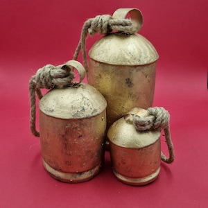Handcrafted Iron Cowbells: Set of 3 Gold Garden Hanging Bells