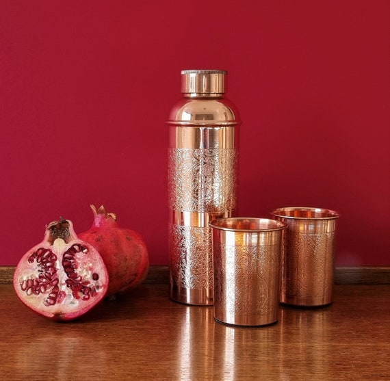 Engraved certified solid pure copper bottle and glasses set handcrafted