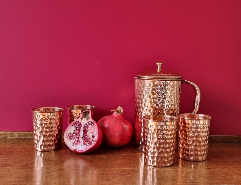 Quality copper jug with four copper glasses. Made of pure copper. image 1