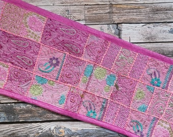 Embroidered table runner. Patchwork sari wall hanging made in India