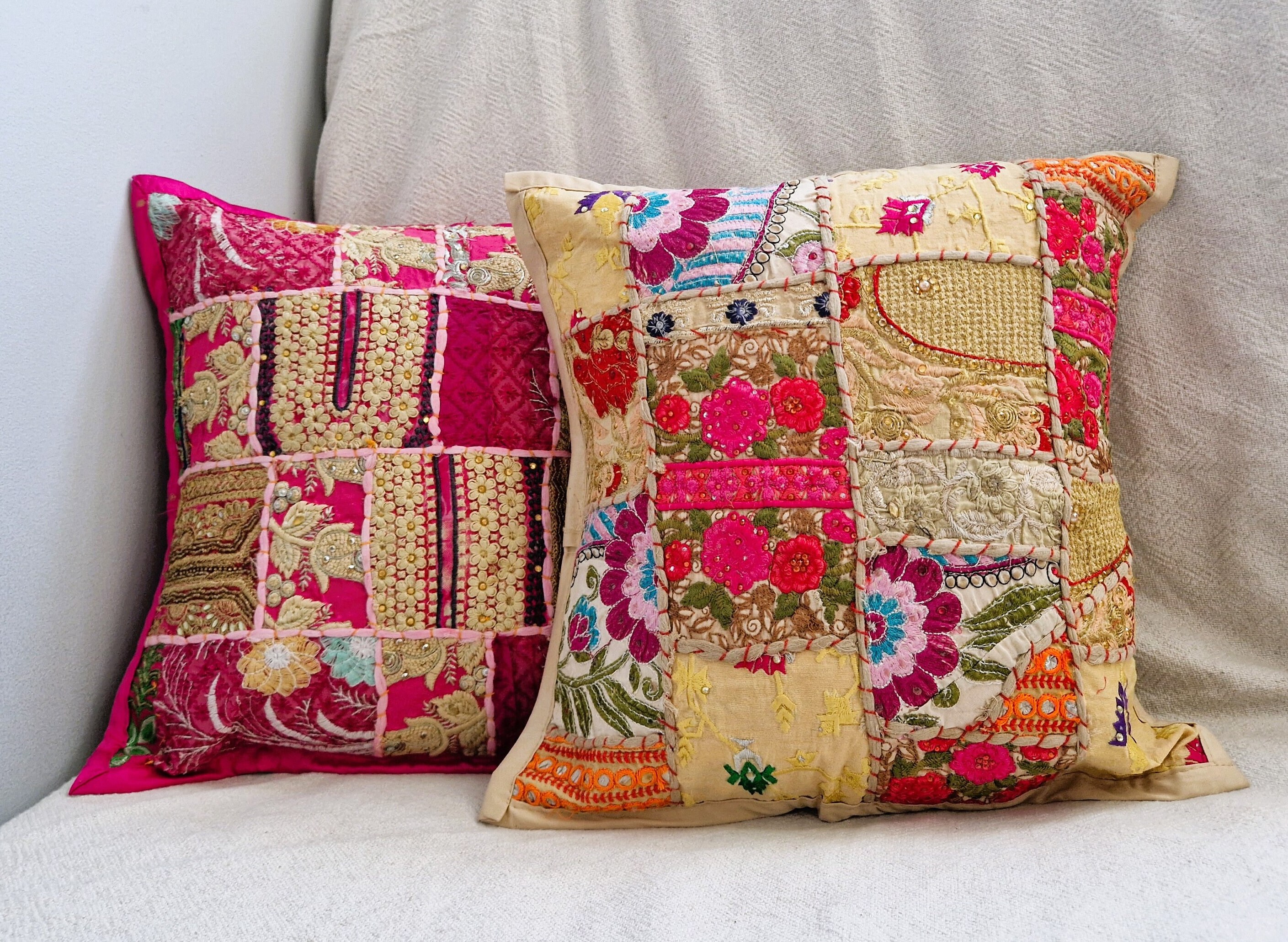 Patchwork Satin Sari Throw Pillow Covers Patchwork Satin Sari Throw Pillow Covers