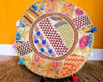 Embroidered pouf cover. Patchwork ottoman. Handmade home decor