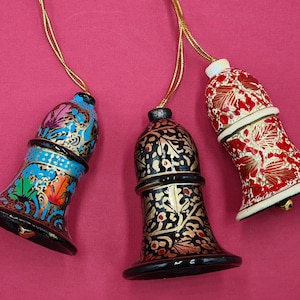 Set of 3 paper mache bells. Hand-painted decorative bells. Christmas tree decoration.