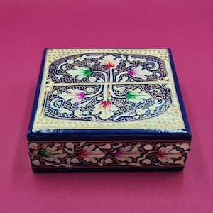 Traditional Kashmiri papier mache. Hand-painted lacquered paper box.