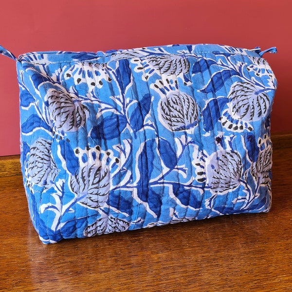 Indian quilted hand block print cotton cosmetic bag