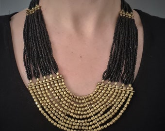 Ethnic Necklace. Gold Black Necklace.