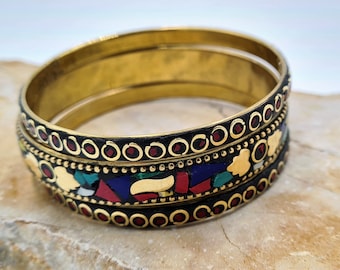 Handcrafted Tibetan bracelet. Triple colorful bracelet.