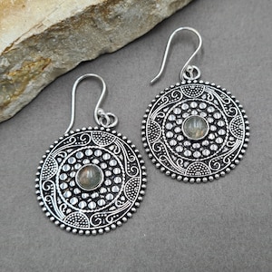 Labradorite earrings. Bras silver vintage earrings.