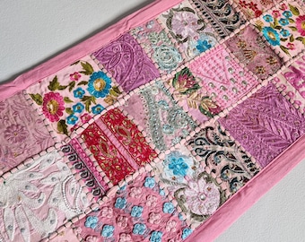 Embroidered table runner. Patchwork sari wall hanging made in India