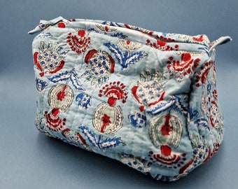 Indian quilted hand block print cotton cosmetic bag