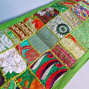 Embroidered table runner. Patchwork sari wall hanging made in India