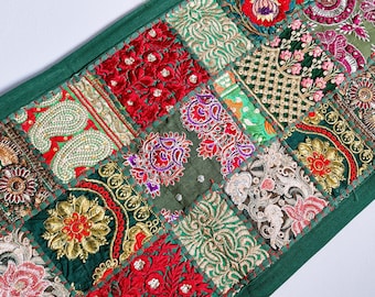 Embroidered table runner. Patchwork sari wall hanging made in India