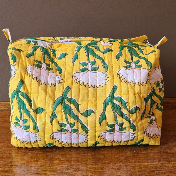 Indian quilted hand block print cotton cosmetic bag