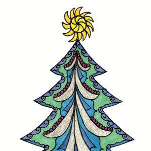 May include: A stylized green, blue, and purple Christmas tree with a yellow sun on top. The tree has a geometric design and is decorated with swirls and dots.