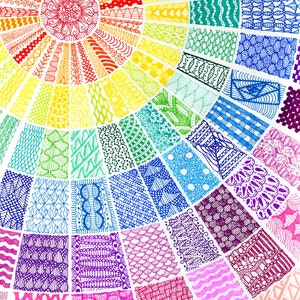 May include: A colorful rainbow mandala design with various patterns and textures. The mandala is made up of different colored sections, each with a unique design. The colors are vibrant and eye-catching, and the patterns are intricate and detailed.