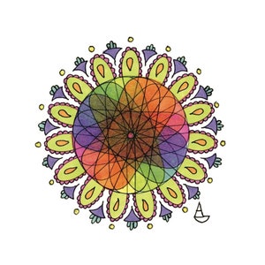 May include: A colourful mandala with a geometric design. The mandala is surrounded by a border of yellow, green, and purple petals. The centre of the mandala is a red dot.