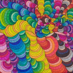 May include: Abstract psychedelic art print featuring a swirling pattern of overlapping circles in a rainbow of colors, including red, orange, yellow, green, blue, indigo, and violet.