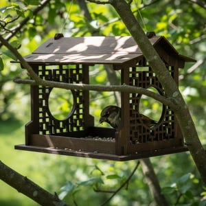 May include: A brown wooden bird feeder with a pagoda-style roof and decorative cutouts. A small bird is perched inside, eating seeds. The feeder is hanging from a tree branch, surrounded by green foliage.