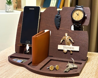 Personalized Docking Station, Wooden Desk Organizer, Phone Stand Charging Station, Gift for Dad, Husband