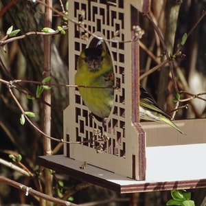 Op de afbeelding: Een kleine groene en gele vogel zit op een houten vogelvoederhuisje met een decoratief uitgesneden ontwerp. De voederbak heeft een platform en een klein huisvormig bouwwerk met een gat aan de voorkant.