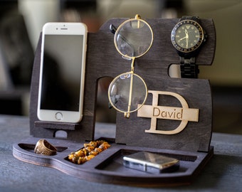 Personalized Docking Station Tech accessory, Phone Stand Charging Station, Gifts for him Wood Stand Tech Desk Organizer anniversary gifts