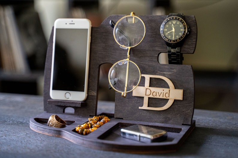 Personalized Docking Station Tech accessory, Phone Stand Charging Station, Gifts for him Wood Stand Tech Desk Organizer anniversary gifts Ebony black