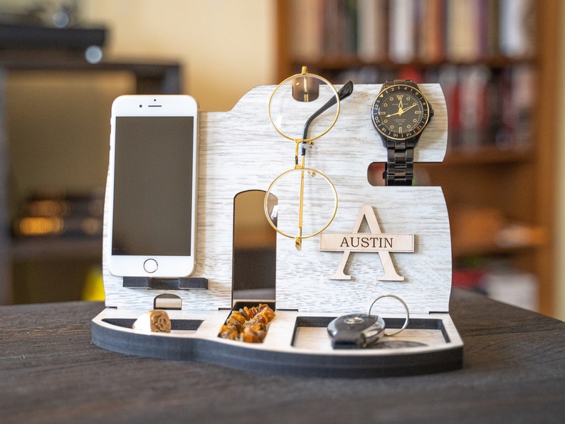 Docking Station Tech Accessories Gifts For Him, Personalized Anniversary Boyfriend Gifts For Men Phone Stand Charging Station Groomsmen Gift image 3